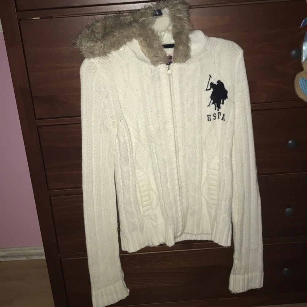US Polo Zip Up Cable Knit Sweater Hoodie